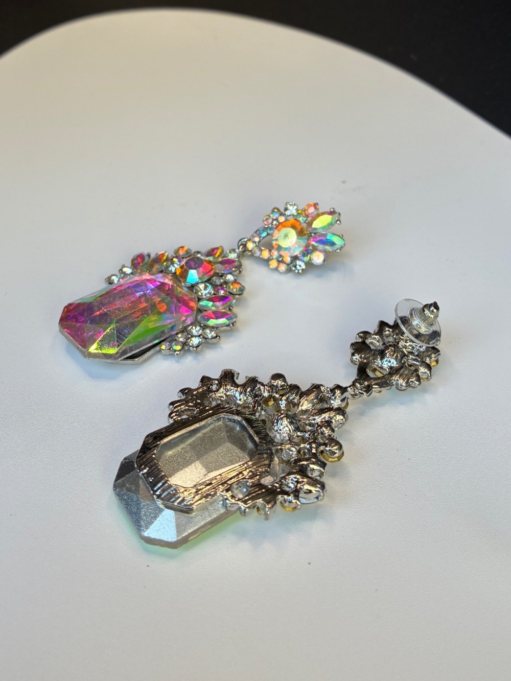 Large Rectangular Iridescent Silver-Tone Rhinestone Earrings - Picture 4 of 7